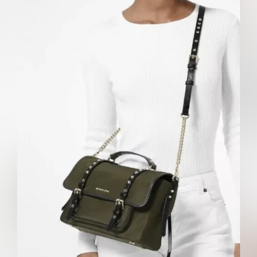 Michael Kors Leila Nylon Leather Trim Flap Messenger Crossbody Olive Green Bag
